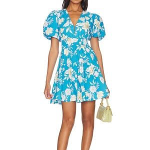 Mink pink Blue floral puff sleeve dress